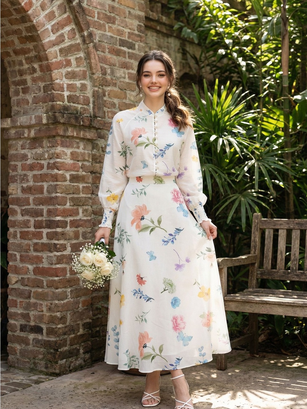 Ivory Floral Long Sleeve Organza Buttoned Top and Maxi Skirt set in white